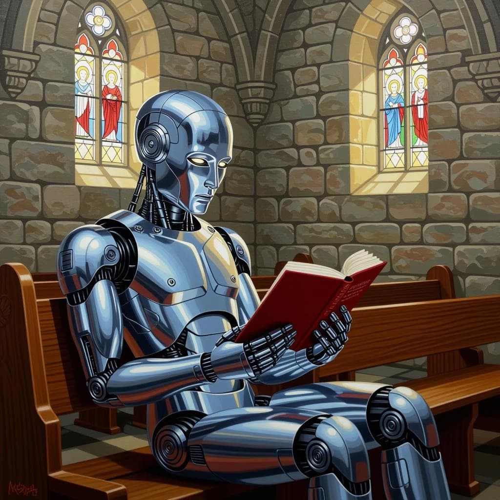 Oil painting of a chrome android reading in a stone chapel, a bit somber.