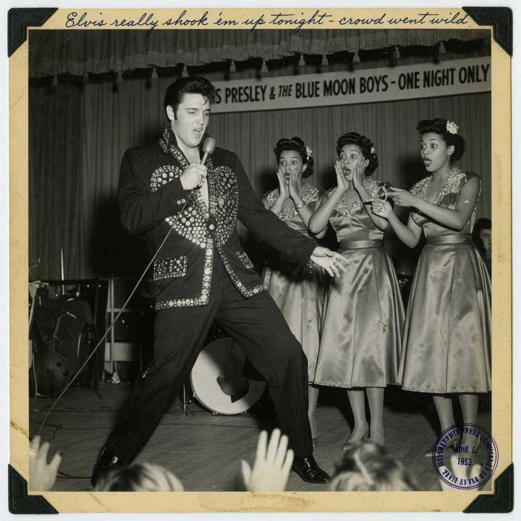 An archival image from 1953 of the rock singer swinging his hips on the stage while glamorous back up singers feign shock at his gyrations! He wears a diamond encrusted jacket with the stones arranged in the shape of a heart