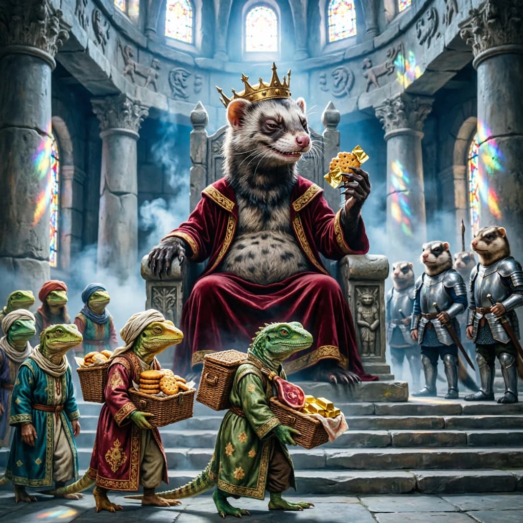 Big Weasel, the tyrannical ruler of the Levitus, slouches on his throne, his mood foul but somewhat brightened by the sight of gifts - a wearisome group of lizard traders adorned in fine silks proceed toward him through the hall with their annual tribute of biscuits, ham and gold - Big Weasel's favourites. Big Weasel's entourage looks on with stern approval.