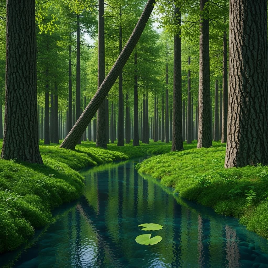 The forest is saturated green, trees identical in height and width, trunks straight, bark texture repeating. One trunk leans diagonally yet the branches remain vertical. The moss is emerald, glistening, though each patch forms identical diamond shapes. A stream runs straight, perfectly linear, water clear, reflecting clouds not visible in the sky. No animals, no insects, but one leaf floats on the water, doubled, showing two overlapping shadows.