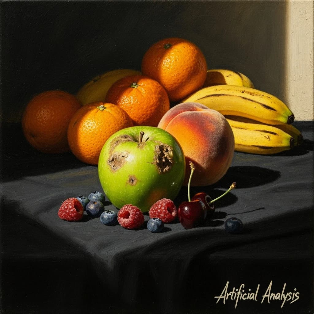 A still life scene painted oil on canvas, comprising various fruits on a black table cloth with striking lighting coming from the right out of frame, creating strong shadows. A bruised green apple is in the foreground, a peach behind it, and behind that a melange of oranges and bananas in various states of ripeness. Berries are strewn in front of the apple. The artist has signed his name "Artificial Analysis" in the bottom right corner in a hurried fashion.