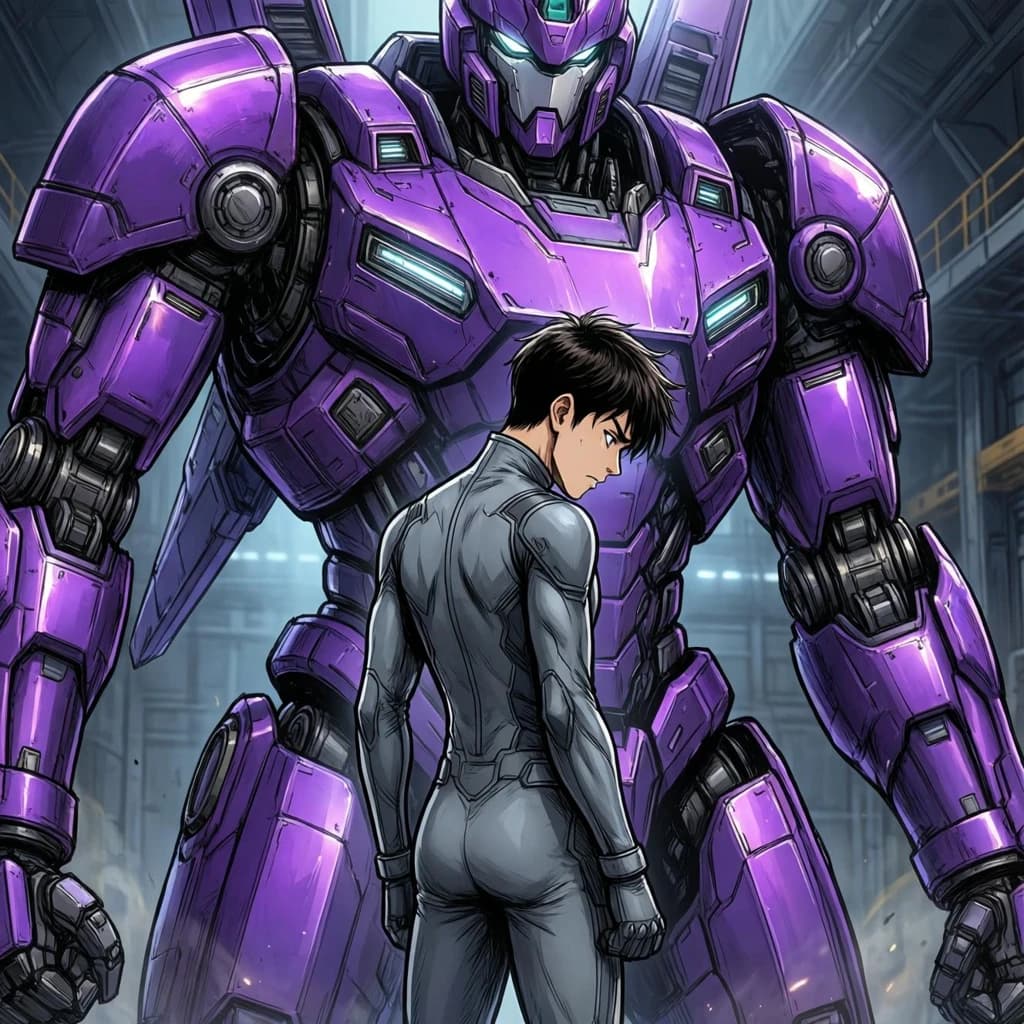 Clad in his body suit up to the neck, young Masa nervously approaches the towering mech with his back facing us. He is nervous for his first time in the field. The mech's bright purple colour scheme contrasts with the grey body suit. The scale of the mech dwarfs Masa. Hand drawn style