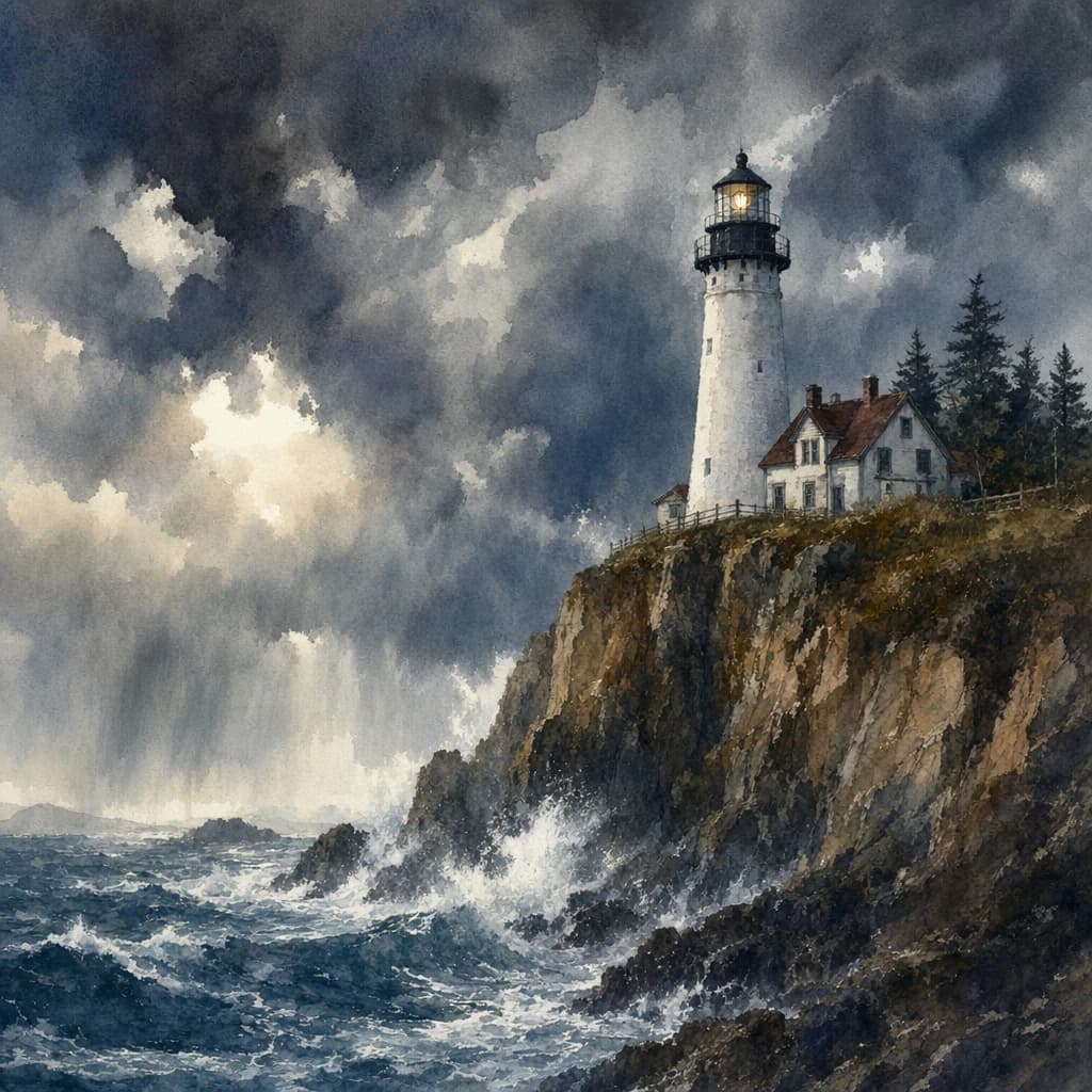 Please paint a watercolor of stormy cliffs and a lighthouse, moody sky.