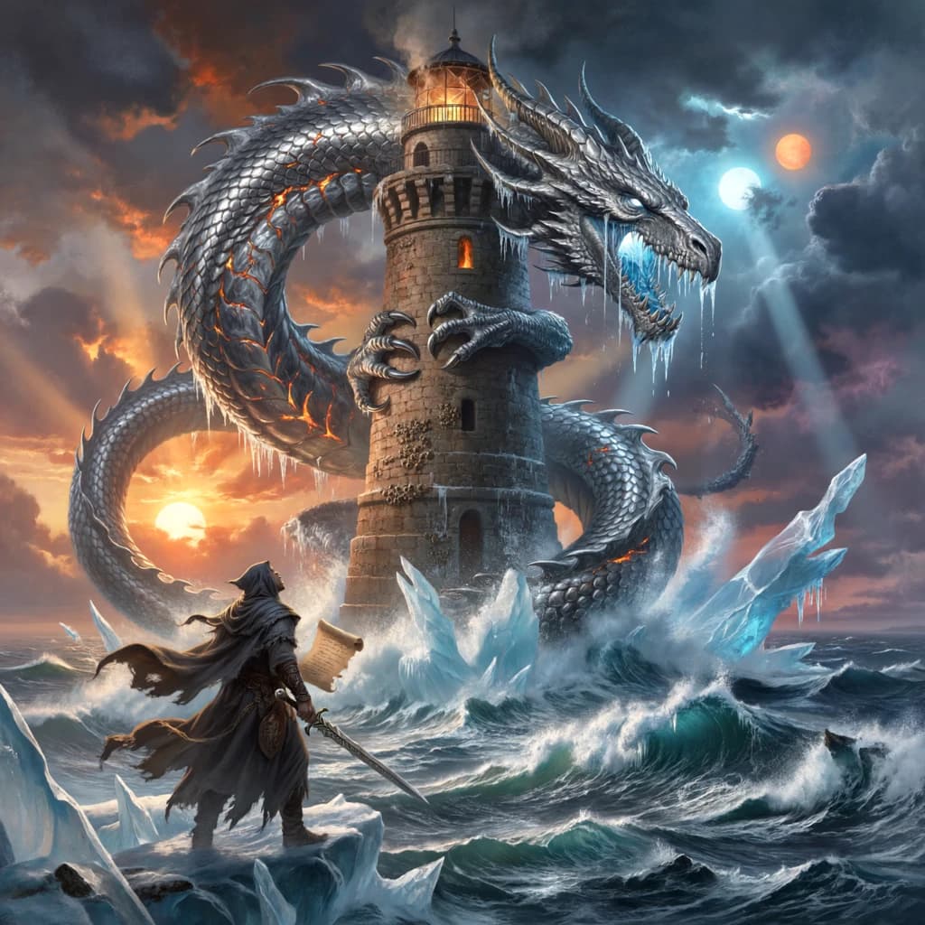 A dragon of molten silver coils around a lighthouse. The storming sea below crashes upward in frozen stillness, as though caught mid-motion. The dragon’s molten eyes drip tears of ice. On the horizon, two suns set next to each other, casting orange light on one side of the tower and blue on the other. A cloaked traveler carries an ancient weapon in his left hand and a scroll in his right.