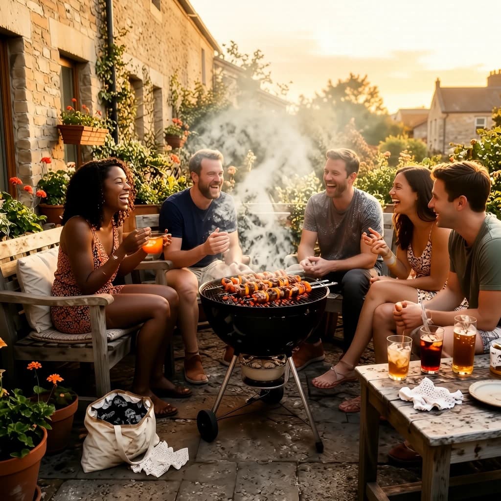 Friends grill skewers on a slightly messy patio.