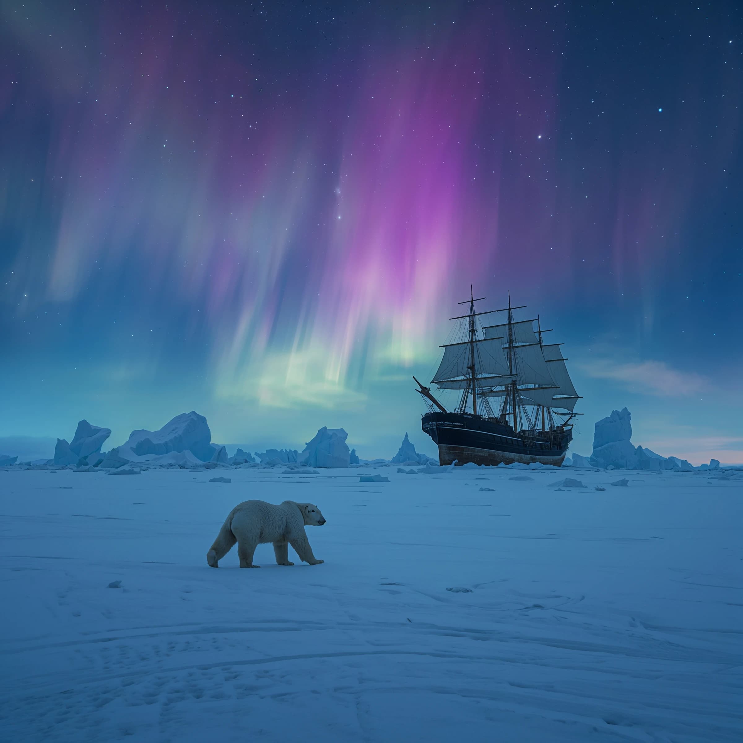 An endless tundra stretches outward, littered with jagged icebergs shaped like cathedral spires. A polar bear trudges across the foreground but leaves no tracks. Auroras ripple overhead. A half-buried shipwreck juts from the snow — sails billowing despite the still air.