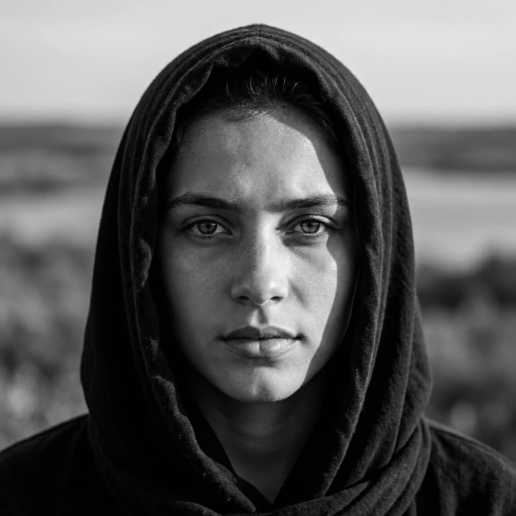 A dramatic black-and-white portrait of a young person draped in a hooded garment, their face framed by the hood's dark folds. Their skin tone and the subtle sheen on their cheeks create striking tonal contrast against the deep shadows. Their eyes are piercing, looking directly into the lens with a calm, steady intensity—neither confrontational nor submissive, but deeply present. The texture of the fabric is visible: it's dense, slightly weathered, and whisper-thin creases catch the light. In the background, an expansive, out-of-focus landscape suggests open space—perhaps distant plains or water—though the details remain soft and abstract. The overall mood is silent yet powerful, poised between vulnerability and resilience, with every highlight and shadow telling part of their story.