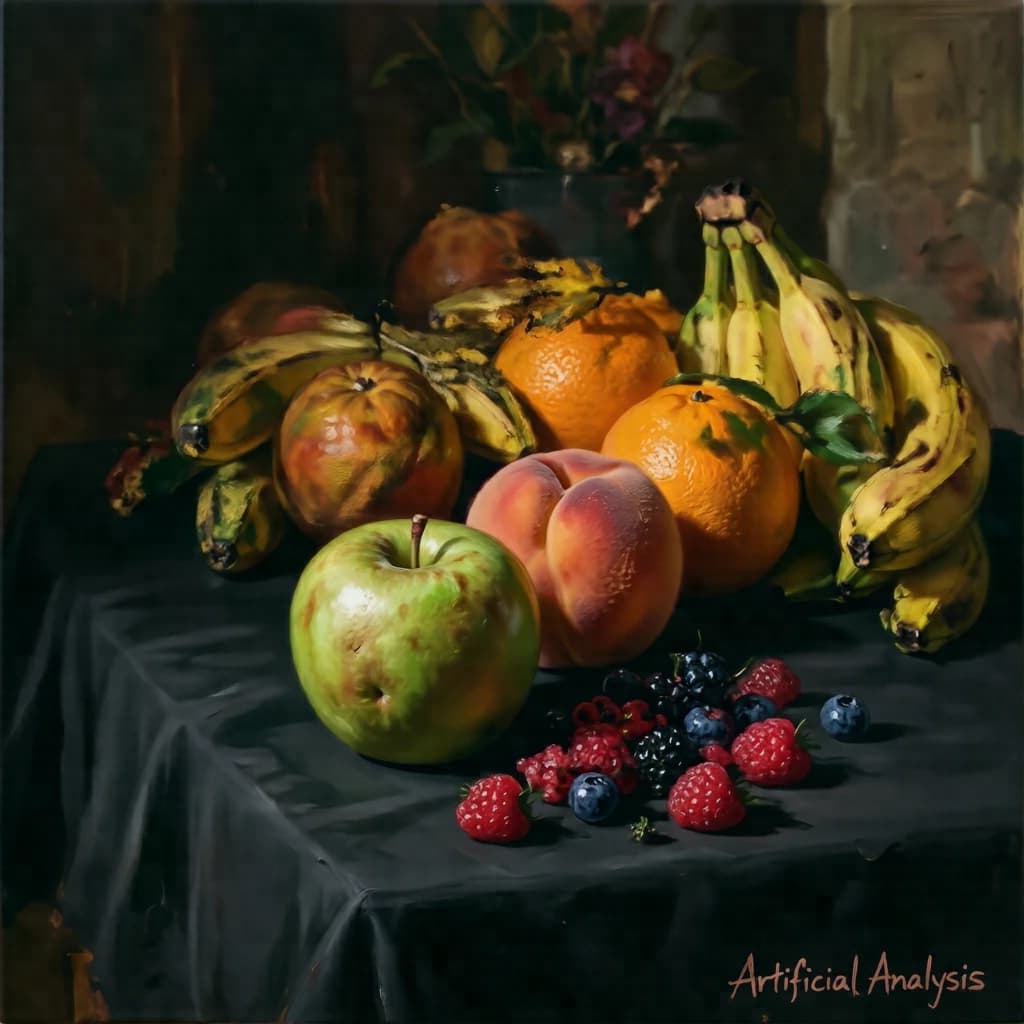 A still life scene painted oil on canvas, comprising various fruits on a black table cloth with striking lighting coming from the right out of frame, creating strong shadows. A bruised green apple is in the foreground, a peach behind it, and behind that a melange of oranges and bananas in various states of ripeness. Berries are strewn in front of the apple. The artist has signed his name "Artificial Analysis" in the bottom right corner in a hurried fashion.