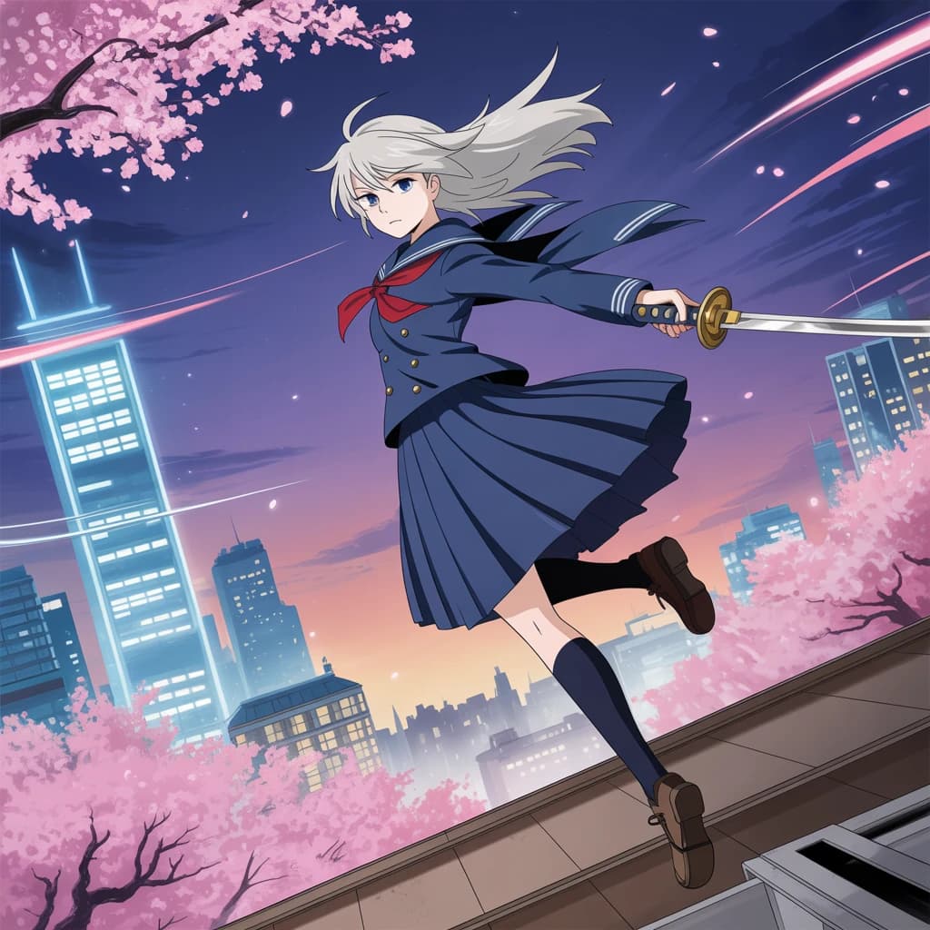 Wind-swept rooftop at dusk, a silver-haired swordswoman in a navy school uniform leaps, luminous eyes, cel shading, cherry blossoms swirl, neon city, dynamic angle, speed lines.
