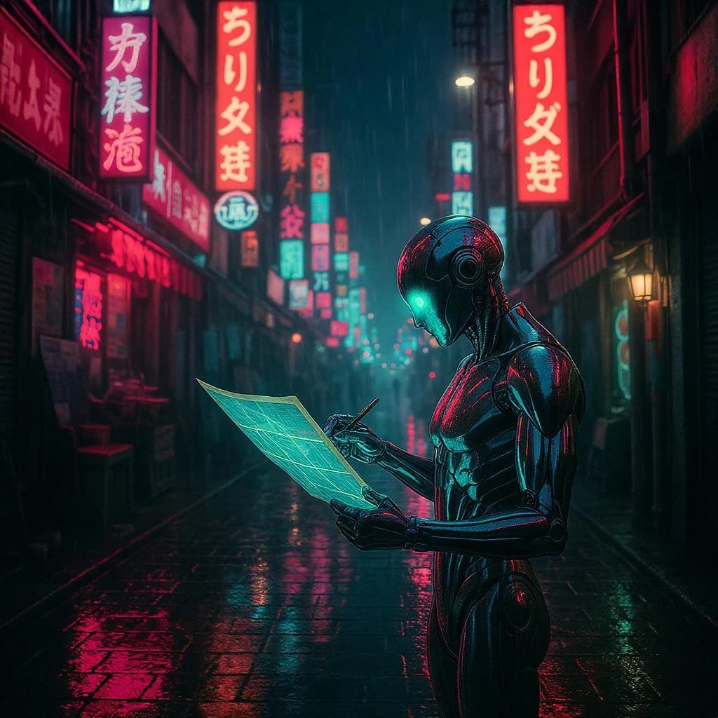 Neon-lit Tokyo alley, rain-slick cobblestones, a chrome android checks a map.