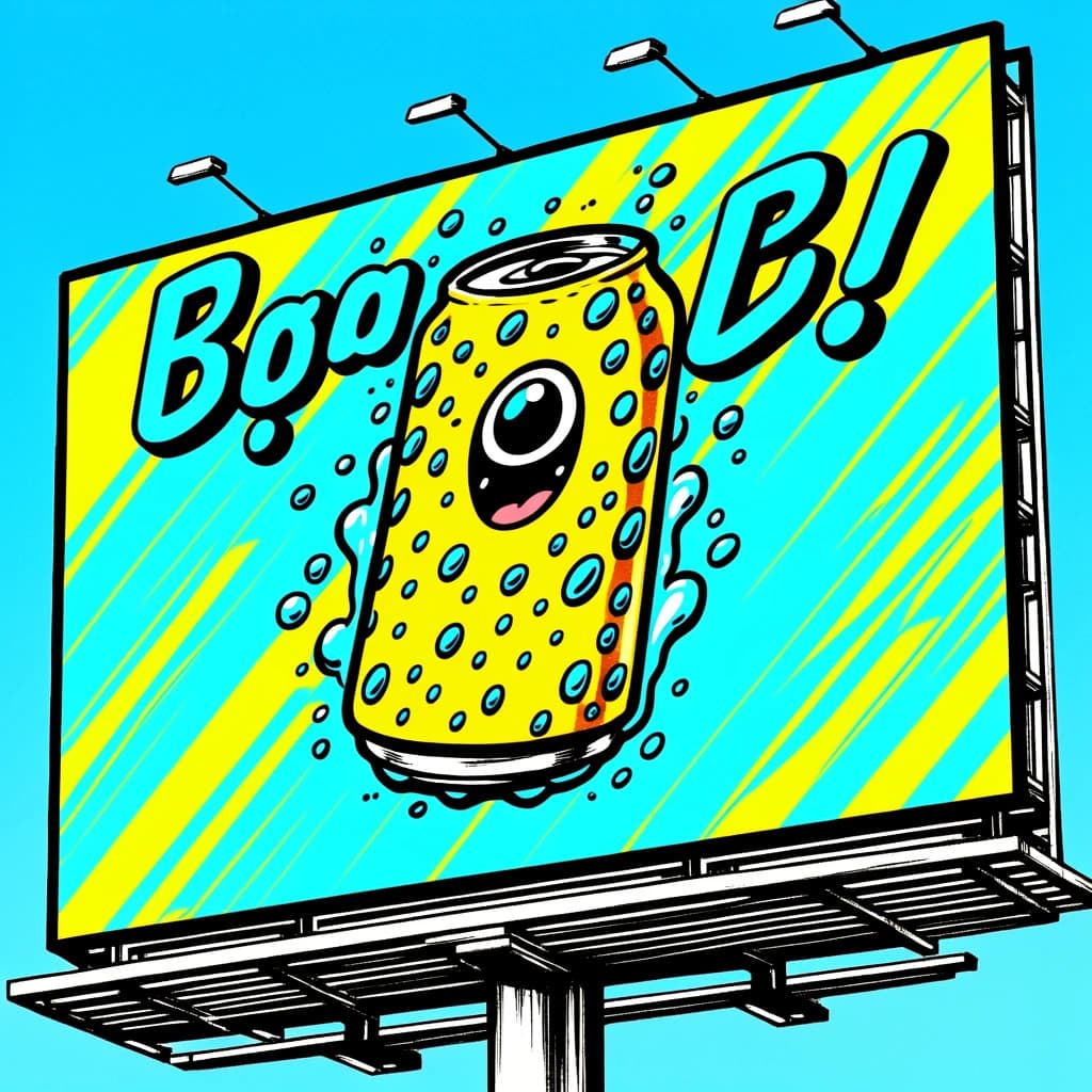 Design a bright soda billboard ad with a bubbly can mascot, thick inky lines.
