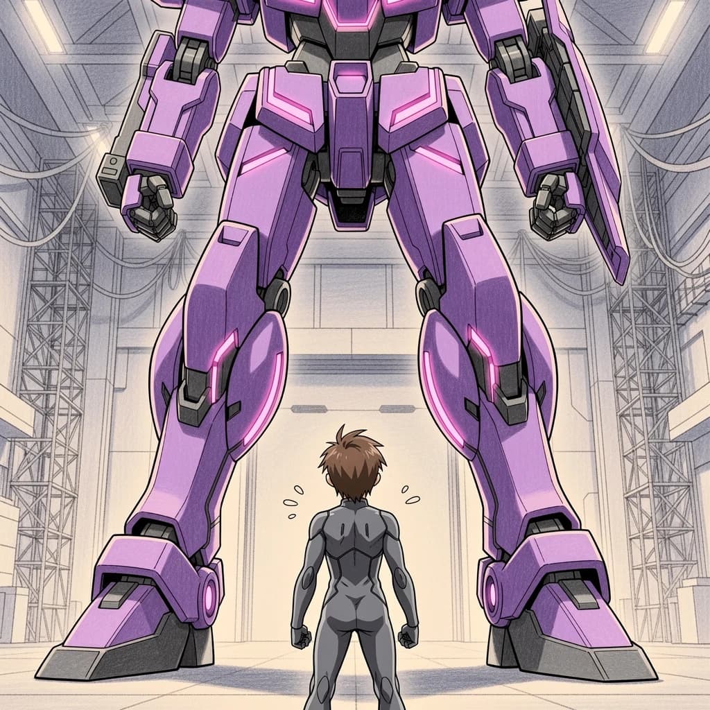Clad in his body suit up to the neck, young Masa nervously approaches the towering mech with his back facing us. He is nervous for his first time in the field. The mech's bright purple colour scheme contrasts with the grey body suit. The scale of the mech dwarfs Masa. Hand drawn style