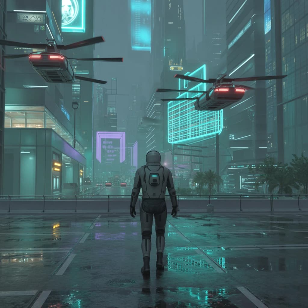 Rain-soaked neon megacity at night, flying taxis weave between glass towers, giant holograms flicker; a lone courier in a matte exosuit, somewhat cinematic wide angle.