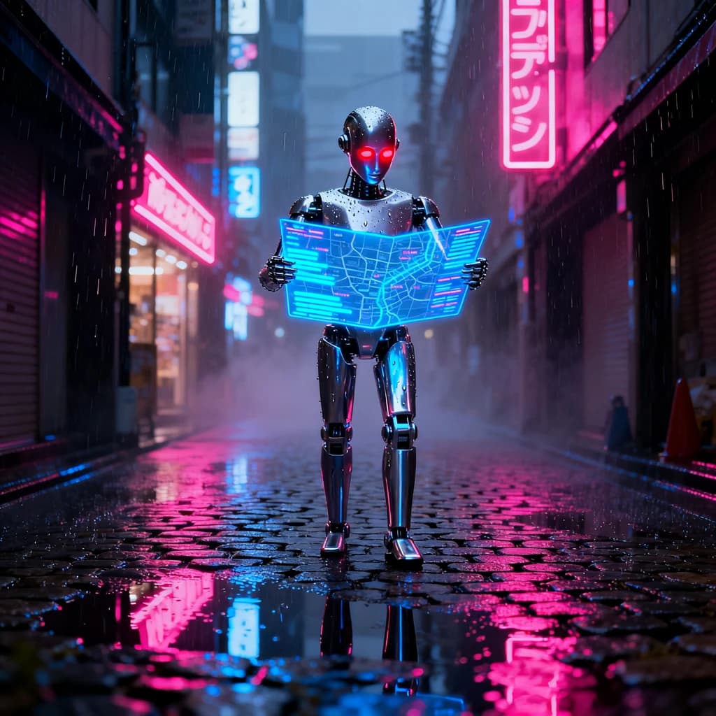 Neon-lit Tokyo alley, rain-slick cobblestones, a chrome android checks a map.