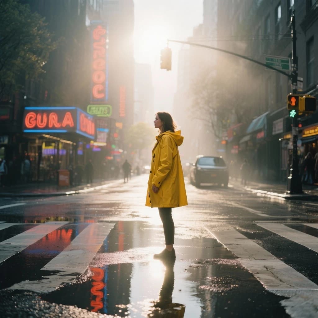 A sunlit city street after rain; puddles mirror neon signs as a woman in a yellow raincoat waits at a crosswalk, soft mist, 50mm look, natural tones, a bit of film grain.