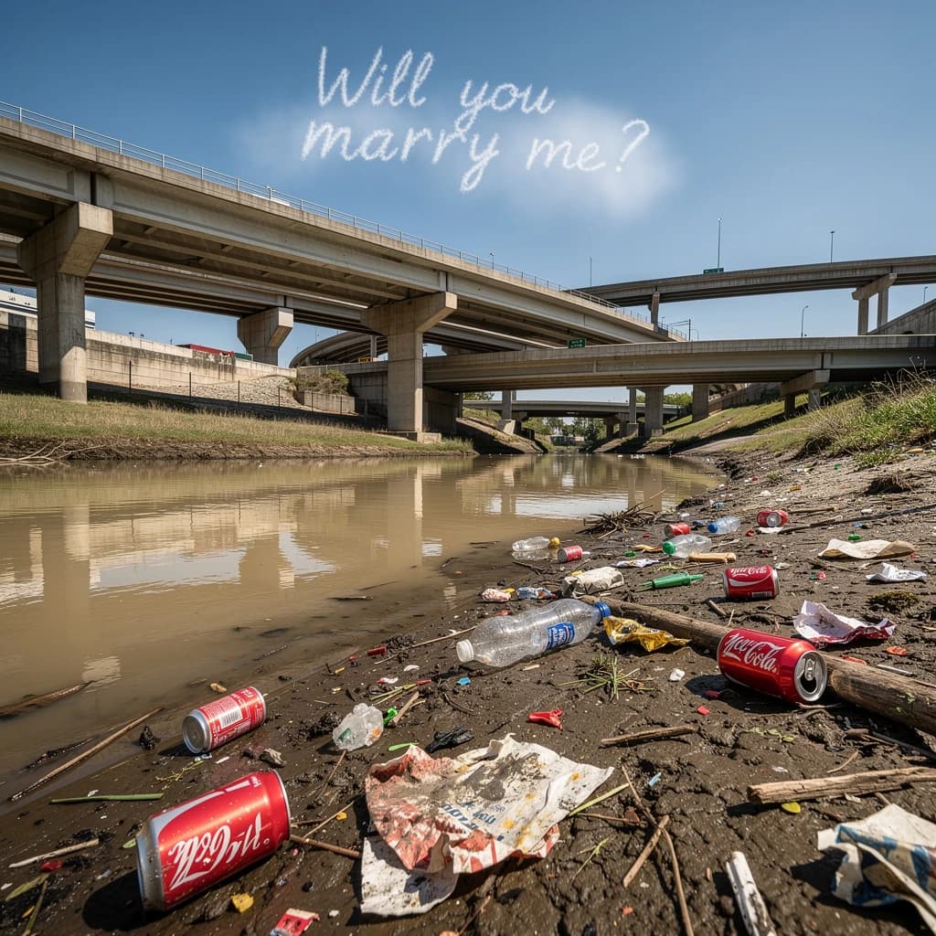 Red soda cans and other garbage sit strewn across the bank of an urban river only a few metres wide. Concrete overpasses criss cross overhead on a bright and sunny day. Fading skywriting proposes marriage