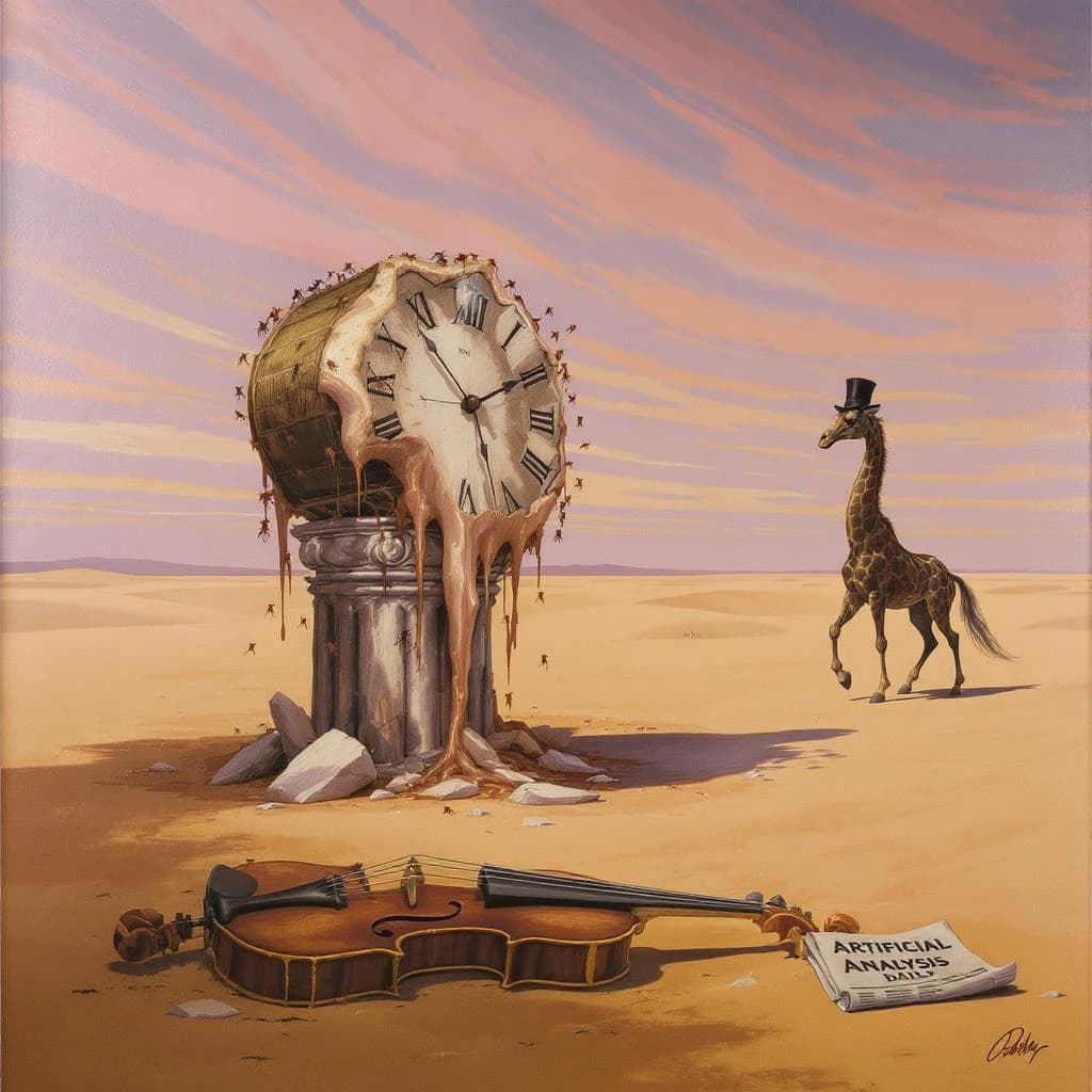 A vast desert plain stretches endlessly under a sky streaked with pale pink and ochre clouds. In the center stands a colossal clock, its face drooping and melting over the edge of a broken marble column. Ants swarm across its warped surface, glinting in the harsh sunlight. To the right, a horse with a giraffe like neck wearing a top hat strides toward the horizon, its shadow stretching miles across the sand. A cracked violin lies half-buried in the foreground, strings snapping outward like veins. Painted in the dreamlike surrealist style. A newspaper named the "Artificial Analysis Daily" lies on the Floor.