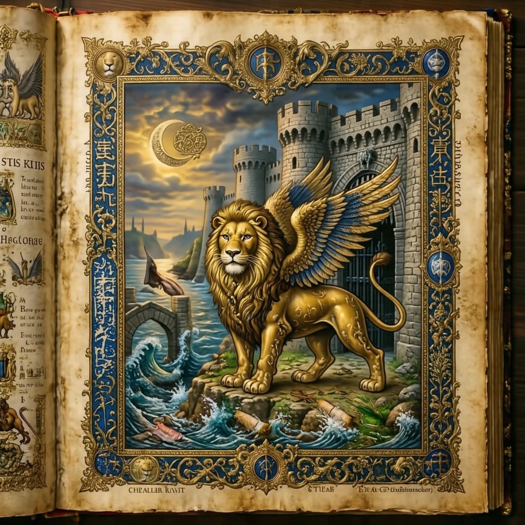 Paint an illuminated manuscript scene of a winged lion guarding a sea gate.