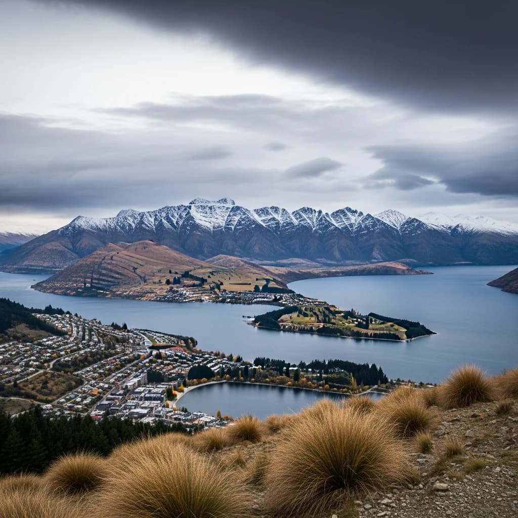 Queenstown's Lake Wakatipu, viewed from the top of Queenstown Hill after a snowstorm just dusted the top of Cecil's Peak