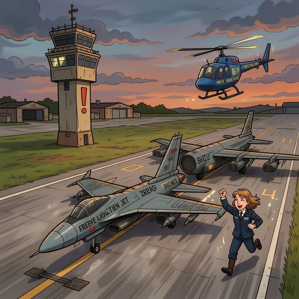 Almost at the runway, Fred the Fighter Jet is racing with Barry the Bomber to see who lands first. Fred has a mischievous trick up his sleeve but Hermione the Helicopter is going to stop him before he gets the chance. The control tower is very angry and has a big exclamation mark. Hand drawn cel look