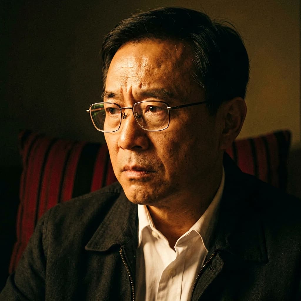 A sharply lit portrait of a middle-aged man wearing thin-rimmed glasses and a dark jacket over a white collared shirt. He gazes intently to the side, his face half illuminated by warm light while the background recedes into deep shadow. The expression is thoughtful, almost wary, as if caught mid-conversation. Behind him, a striped cushion in muted reds and blacks adds subtle texture, contrasting with the crisp highlights on his forehead and glasses. The overall mood is contemplative and cinematic, balancing warmth with tension.
