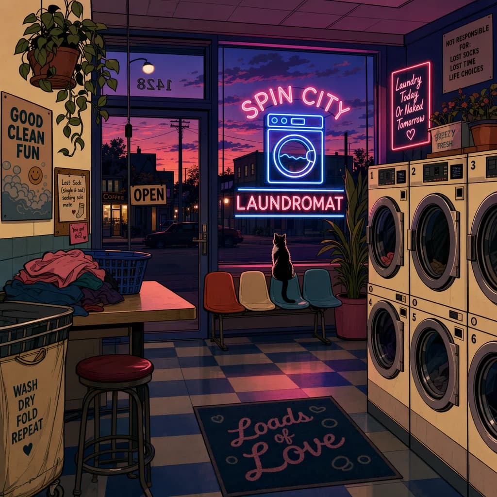 A cozy laundromat at dusk, neon humming, flat colors, bold inked lines.
