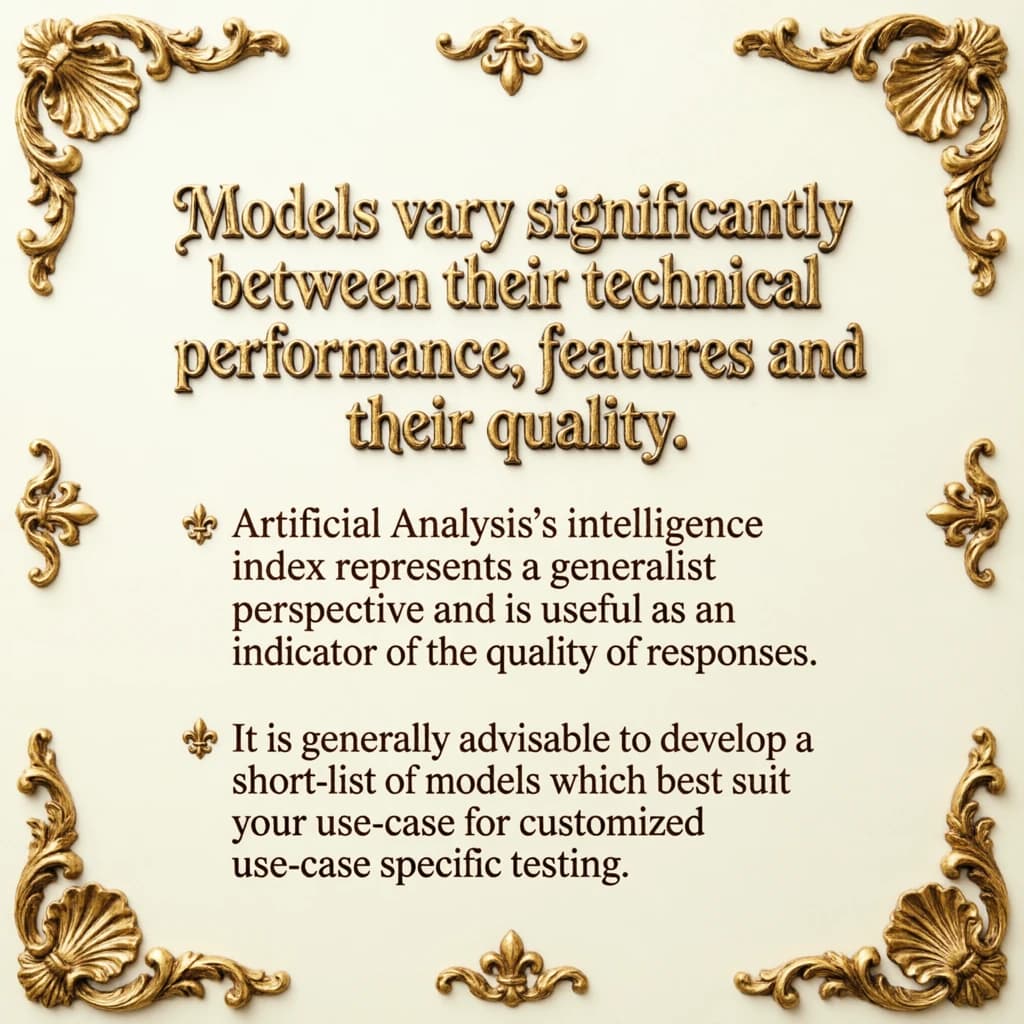 On a flat layout, write in an ornate baroque style "Models vary significantly between their technical performance, features and their quality. Artificial Analysis's intelligence index represents a generalist perspective and is useful as an indicator of the quality of responses. It is generally advisable to develop a short-list of models which best suit your use-case for customized use-case specific testing. "