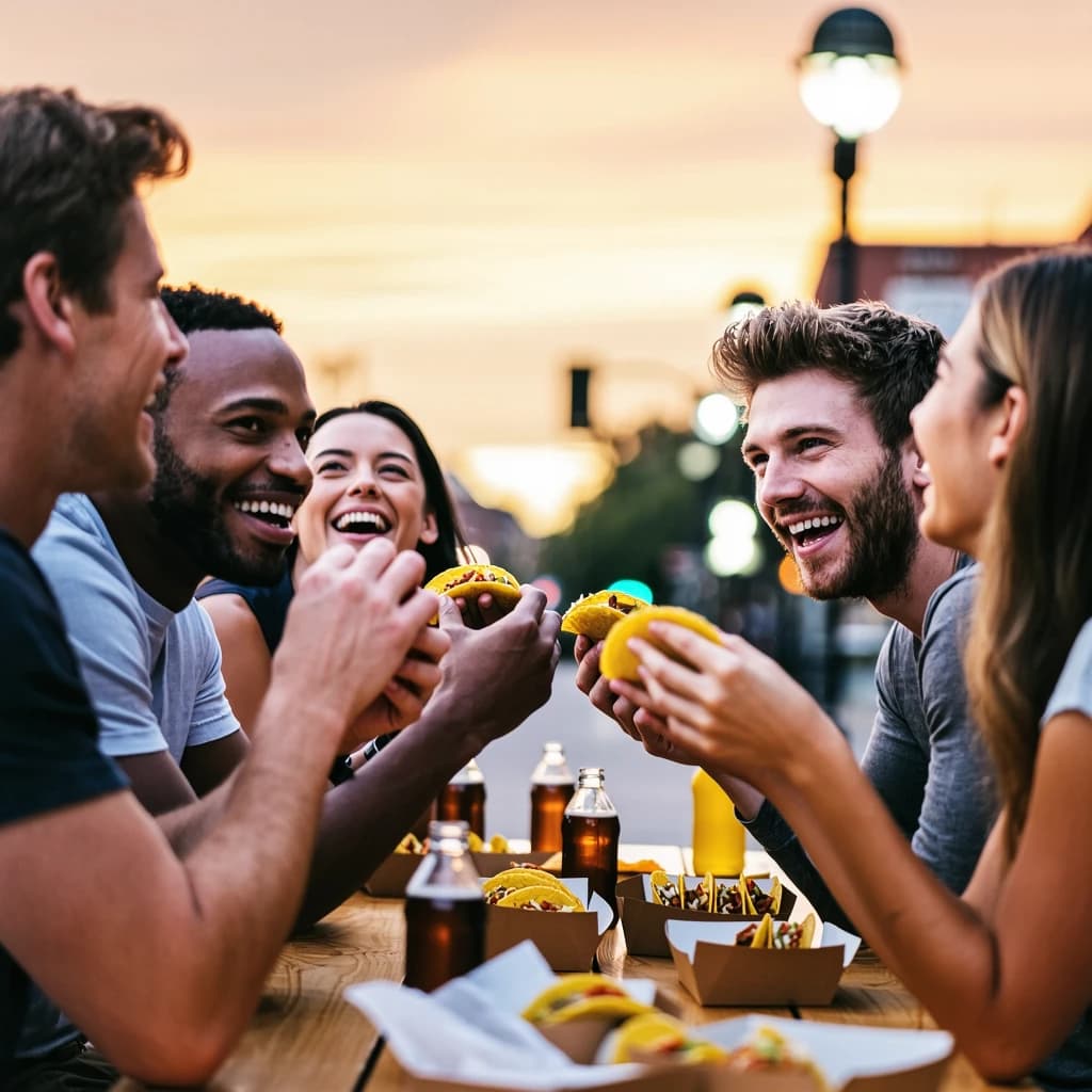 Friends laugh over street tacos at dusk, candid, shallow depth.