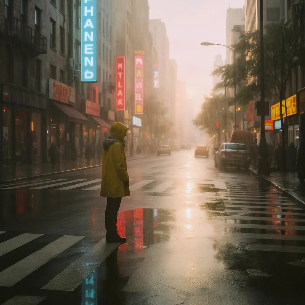 A sunlit city street after rain; puddles mirror neon signs as a woman in a yellow raincoat waits at a crosswalk, soft mist, 50mm look, natural tones, a bit of film grain.