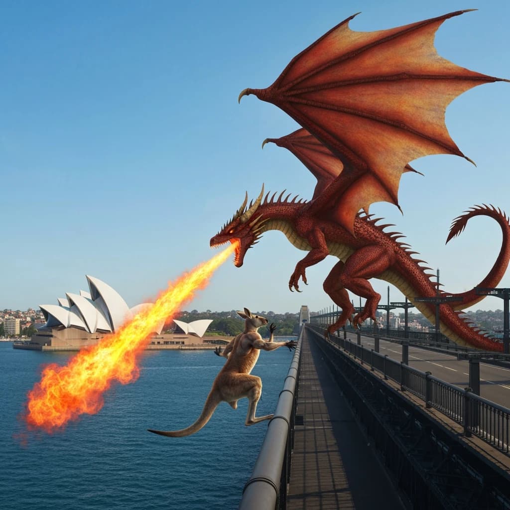 A dragon breathes fire at a kangaroo that is running away by climbing over the top of the Sydney Harbour Bridge. Opera House visible in the background.