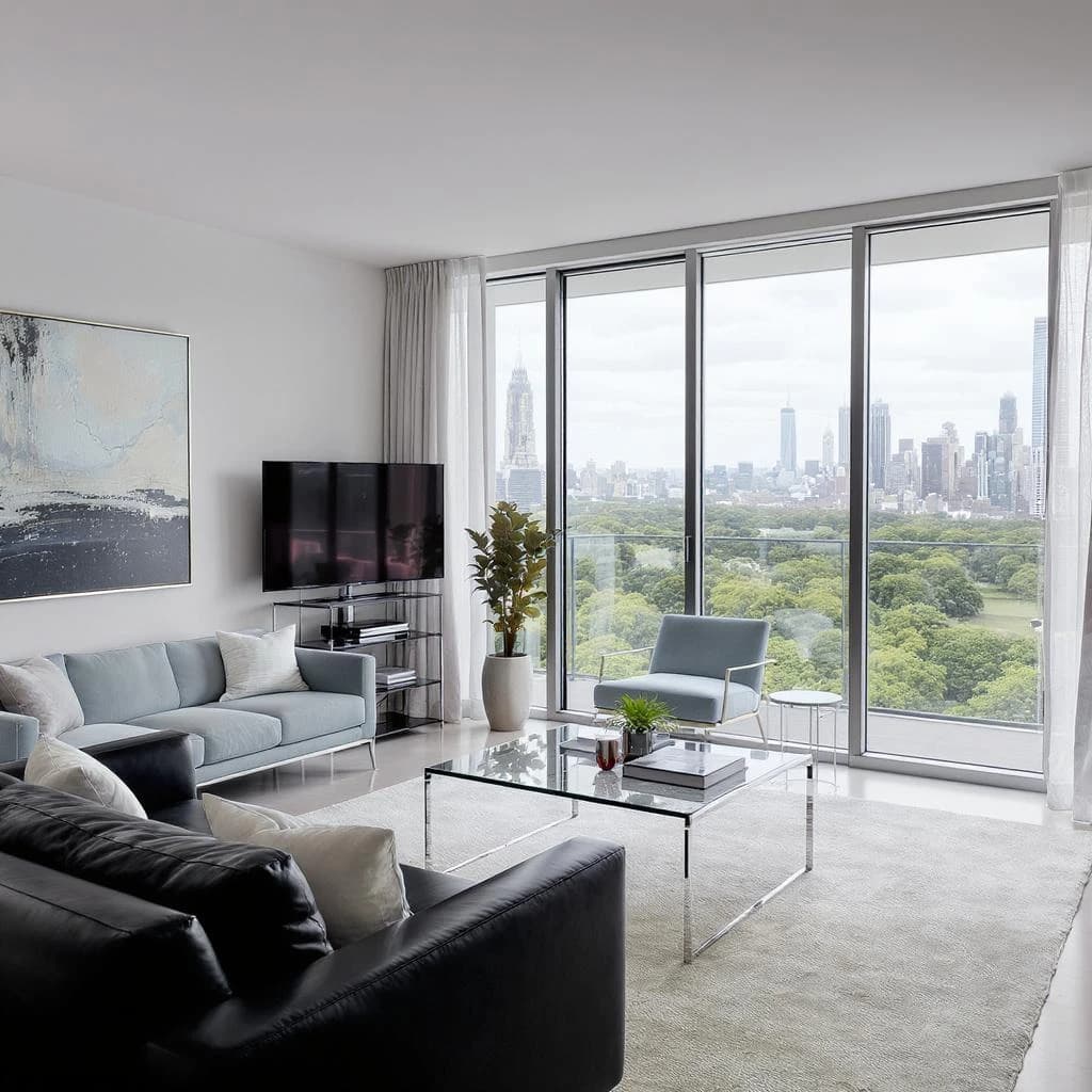 My apartment overlooks Central Park. It’s very luxurious, very expensive, and the furniture is minimal — a black leather couch, a glass coffee table with chrome legs, an Arne Jacobsen floor lamp. A big-screen television set rests on a steel shelving unit. A David Onica painting hangs above the couch. There’s a stainless steel and glass cocktail table. A powder-blue sofa. A thirty-inch digital TV.