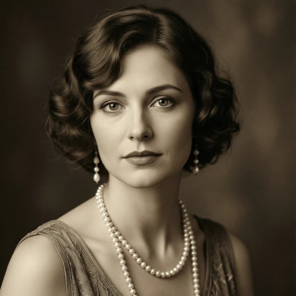 Sepia-toned studio portrait of a flapper with pearl necklace, soft grain.