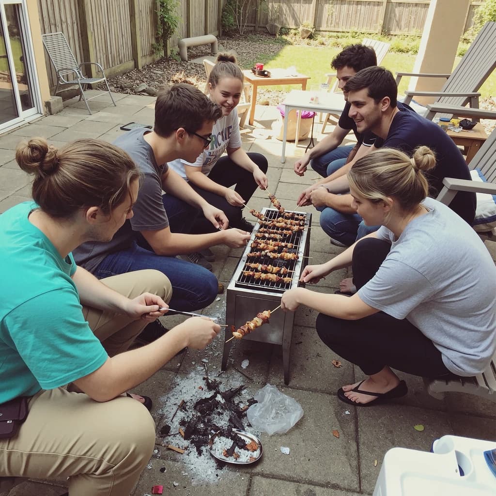 Friends grill skewers on a slightly messy patio.