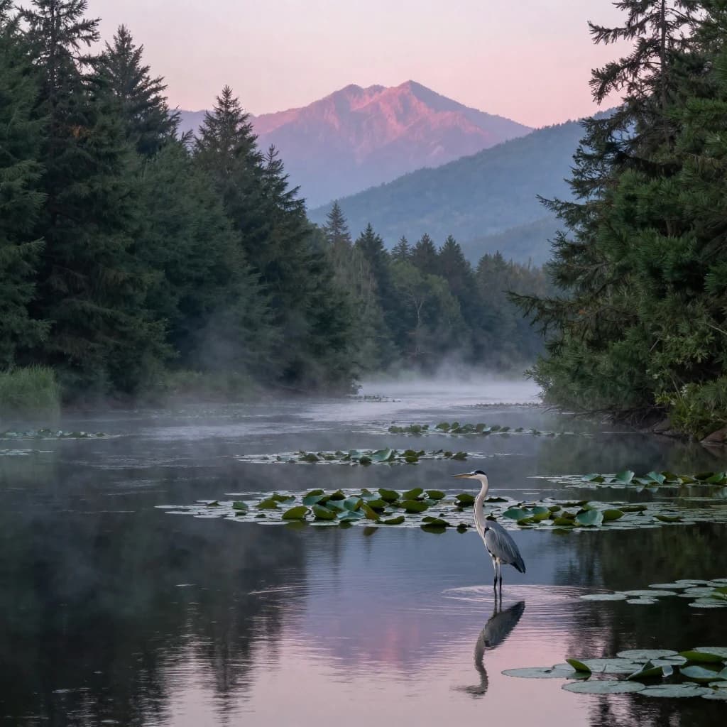 With pre-dawn mist along a cedar forest river and glassy water dotted with lily pads, distant mountains blush pink, and a heron stands still like it forgot what to do next.