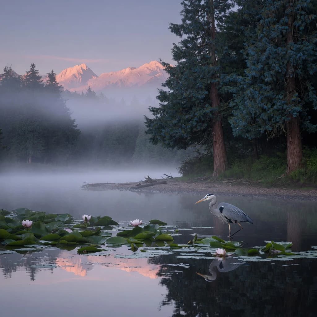 With pre-dawn mist along a cedar forest river and glassy water dotted with lily pads, distant mountains blush pink, and a heron stands still like it forgot what to do next.