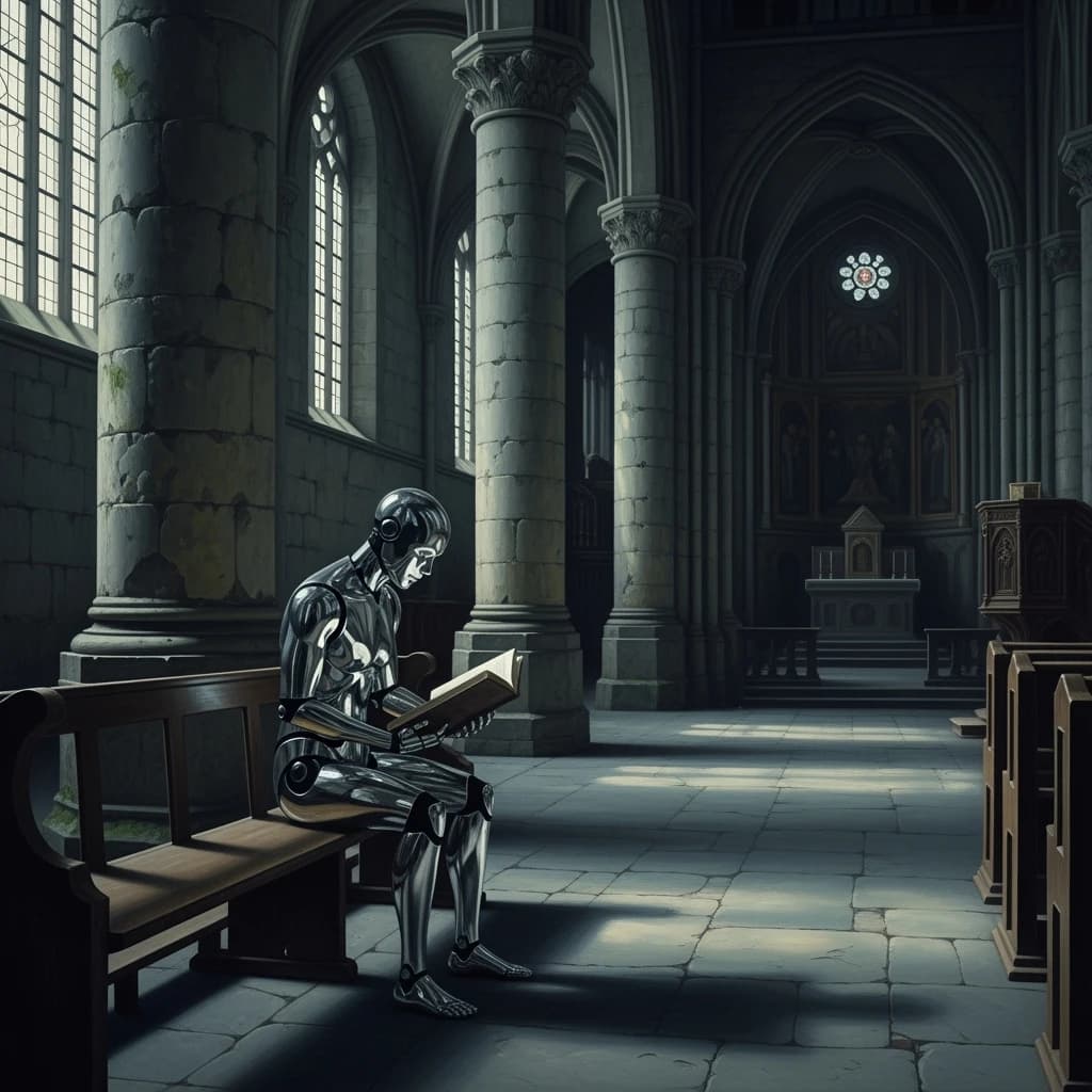 Oil painting of a chrome android reading in a stone chapel, a bit somber.