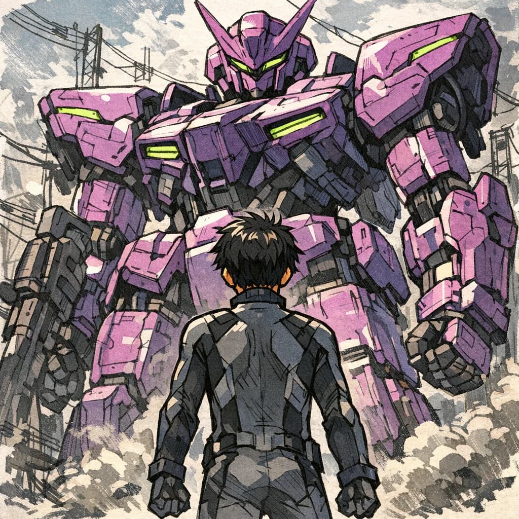 Clad in his body suit up to the neck, young Masa nervously approaches the towering mech with his back facing us. He is nervous for his first time in the field. The mech's bright purple colour scheme contrasts with the grey body suit. The scale of the mech dwarfs Masa. Hand drawn style