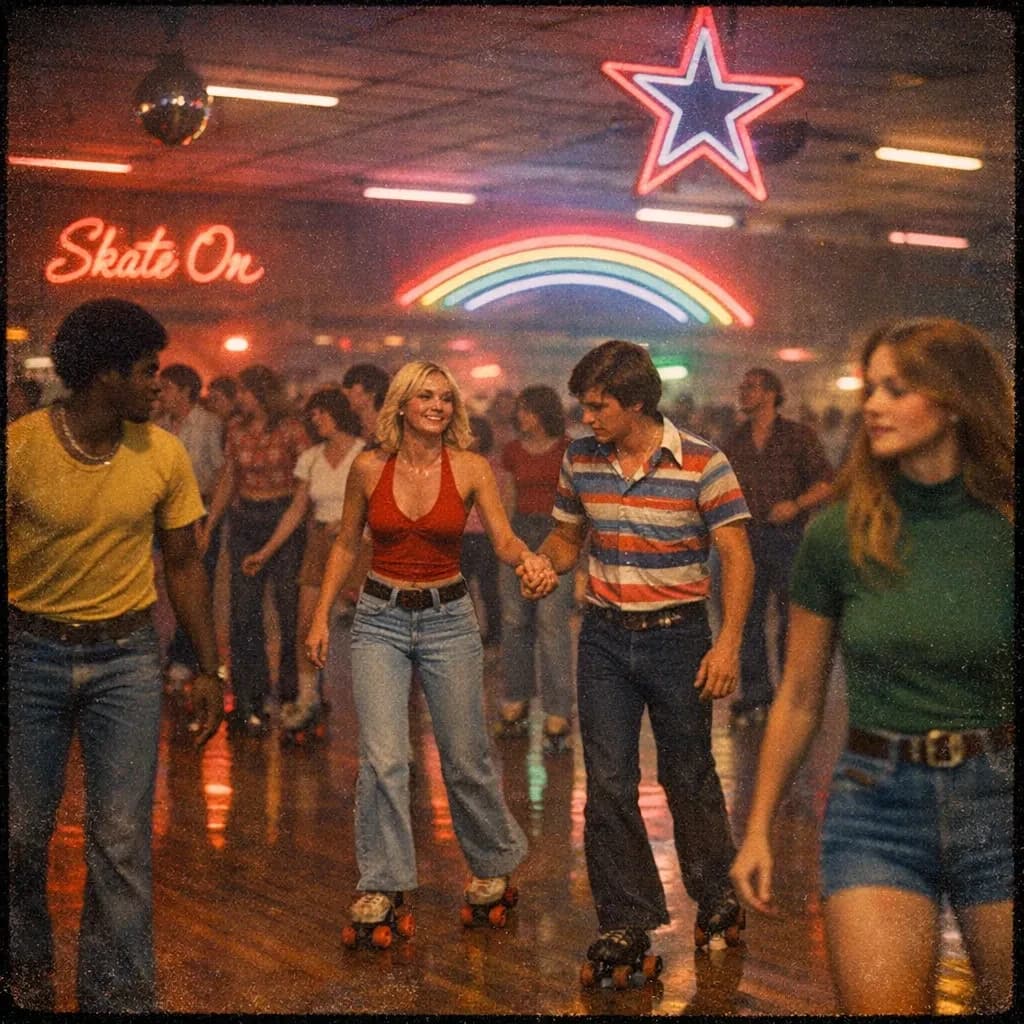A 1970s roller rink crowd skates under neon, with a bit of fade and film grain.