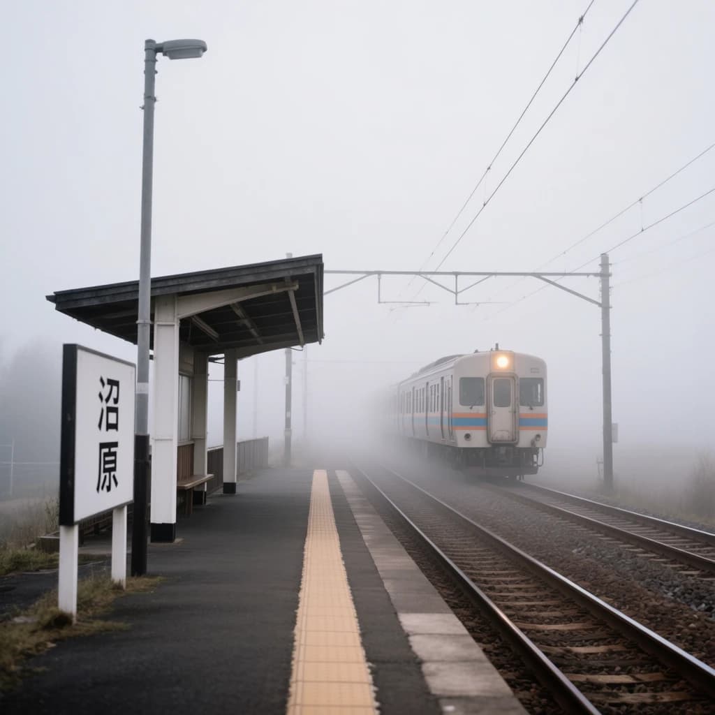 A commuter train enters a foggy little station.