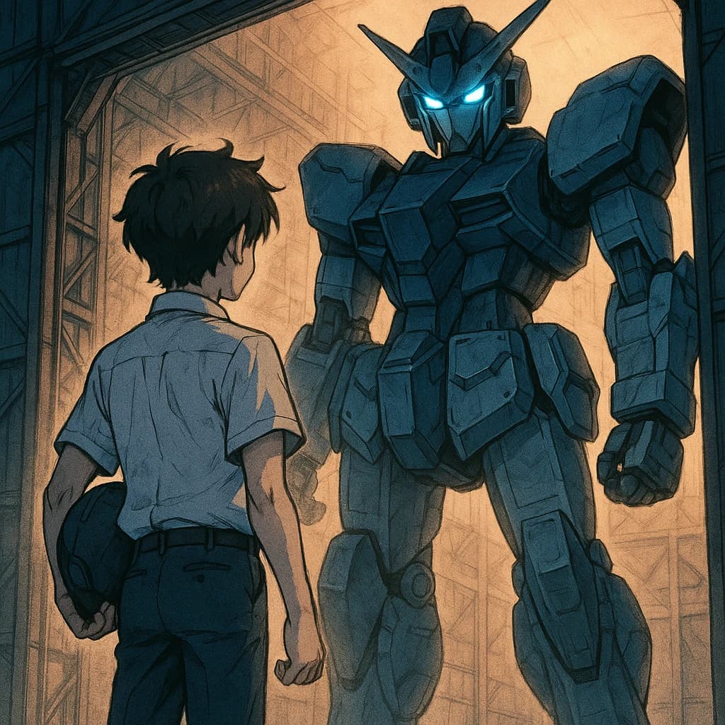 A teenage pilot grips his helmet under one arm, standing at the edge of a glowing hangar bay. Before him looms a sleek, steel-blue mech, its eyes lit with a cold electric glare. His school uniform is rumpled, a sharp contrast to the machine’s flawless plating. The vast scale engulfs him in shadow, emphasizing both awe and dread. Hand-drawn anime style.