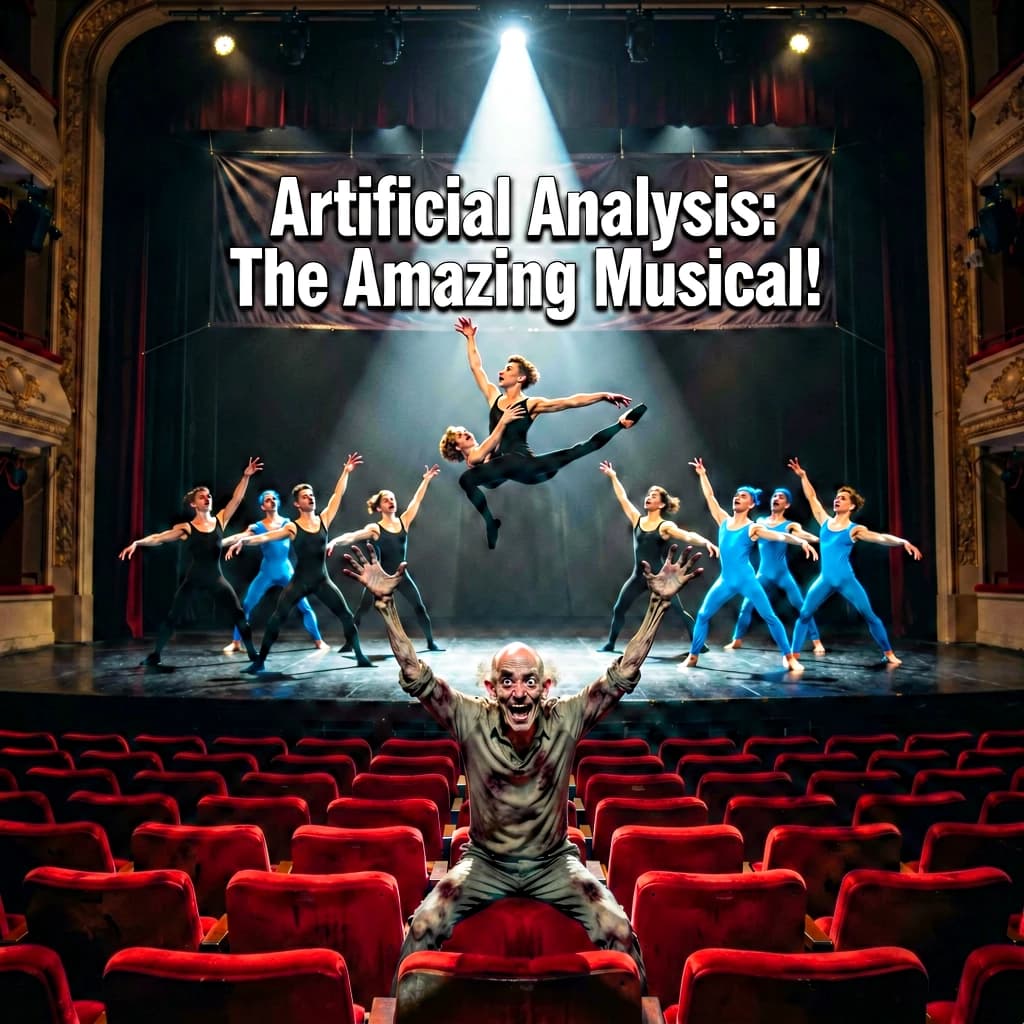 The musical troupe do a rehearsal in a large, empty theatre. 9 people are on the stage, half wear black and the others wear blue. The skinny bald director, seated in the second row, is practically leaping out of their seat with excitement as the leads nail their aerial. A giant banner reading "Artificial Analysis: The Amazing Musical!" is behind the actors.