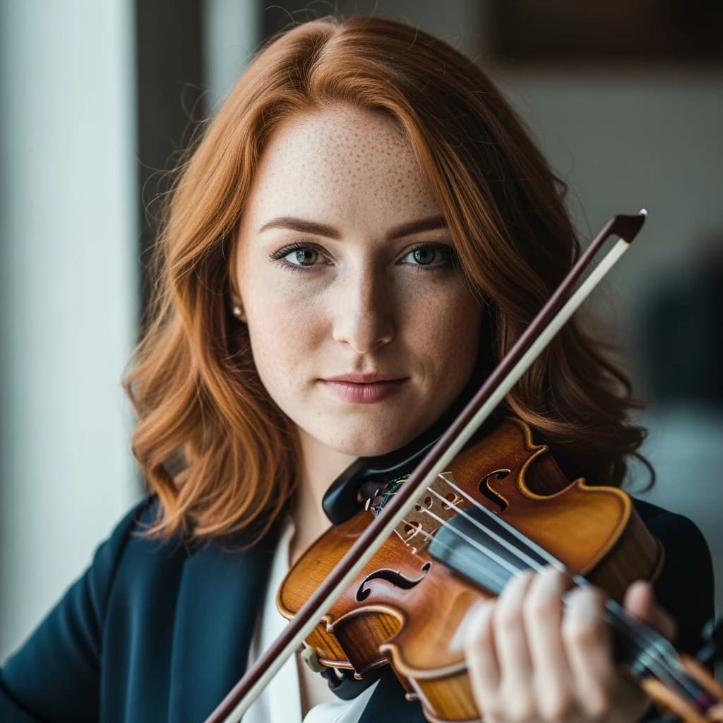 Capture a head-and-shoulders portrait of a freckled red-haired violinist in a navy blazer, soft window light, 85mm at f/1.8, gently smiling yet serious eyes, muted tones.