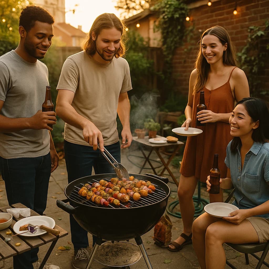 Friends grill skewers on a slightly messy patio.