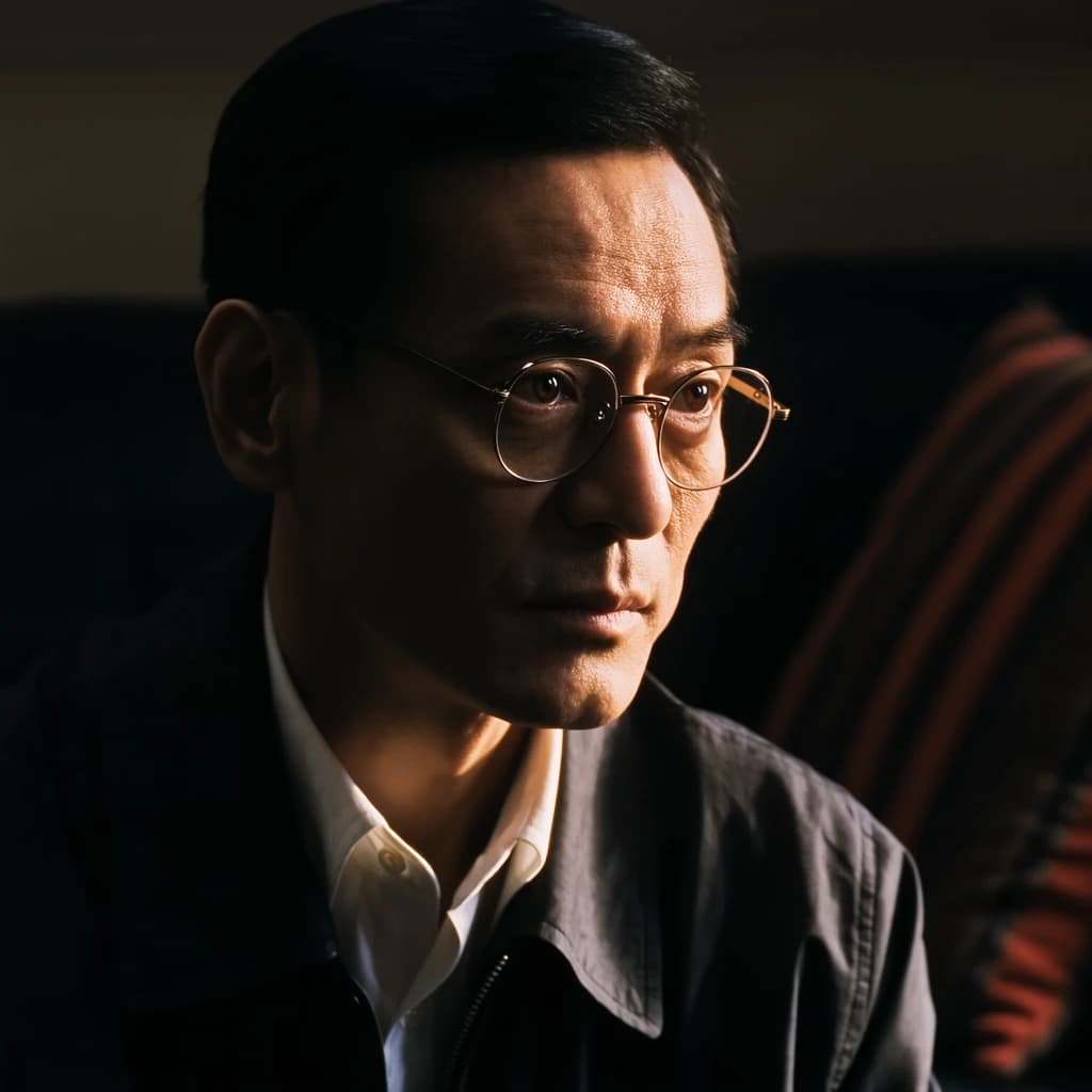 A sharply lit portrait of a middle-aged man wearing thin-rimmed glasses and a dark jacket over a white collared shirt. He gazes intently to the side, his face half illuminated by warm light while the background recedes into deep shadow. The expression is thoughtful, almost wary, as if caught mid-conversation. Behind him, a striped cushion in muted reds and blacks adds subtle texture, contrasting with the crisp highlights on his forehead and glasses. The overall mood is contemplative and cinematic, balancing warmth with tension.