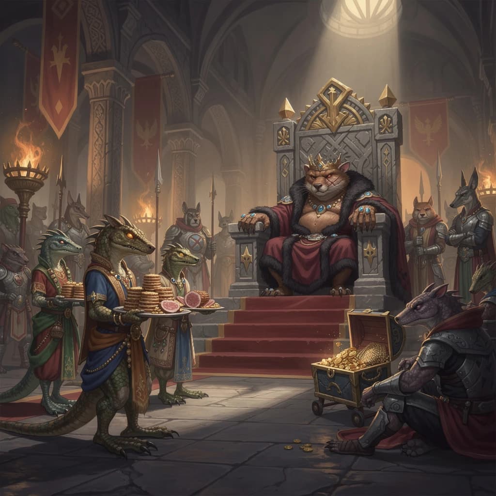 Big Weasel, the tyrannical ruler of the Levitus, slouches on his throne, his mood foul but somewhat brightened by the sight of gifts - a wearisome group of lizard traders adorned in fine silks proceed toward him through the hall with their annual tribute of biscuits, ham and gold - Big Weasel's favourites. Big Weasel's entourage looks on with stern approval.