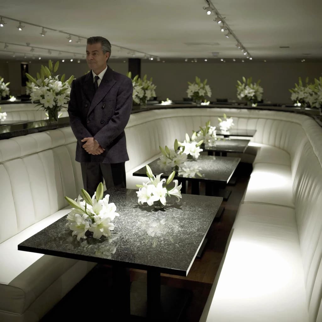 The place is almost empty. The banquettes are covered in white leather, the tables black granite, and the entire room is bathed in halogen track lighting that seems too bright. The maître d’ wears a double-breasted wool crepe jacket. There are lilies on every table.