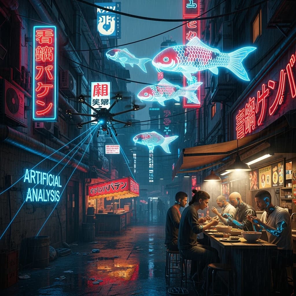 A neon alley in Neo-Tokyo 2142 drips with rain Cybernetic patrons slurp ramen at a stall with their glowing implants humming with blue light. Three giant holographic koi hover 10 metres above the ground and swim across the skyline, one has clipped into a building. A six-prop drone hovers nearby, projecting "Artificial Analysis" onto a wall with blue laser beams visible