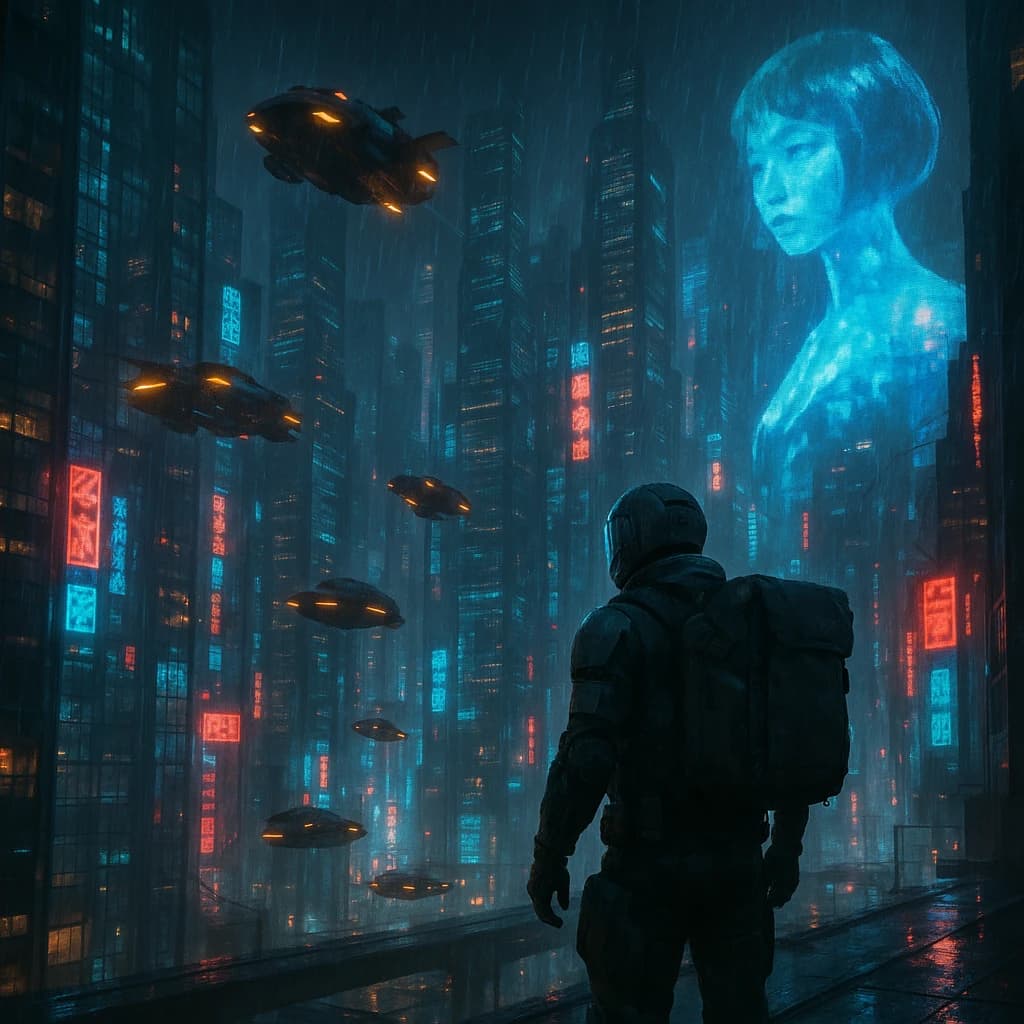 Rain-soaked neon megacity at night, flying taxis weave between glass towers, giant holograms flicker; a lone courier in a matte exosuit, somewhat cinematic wide angle.