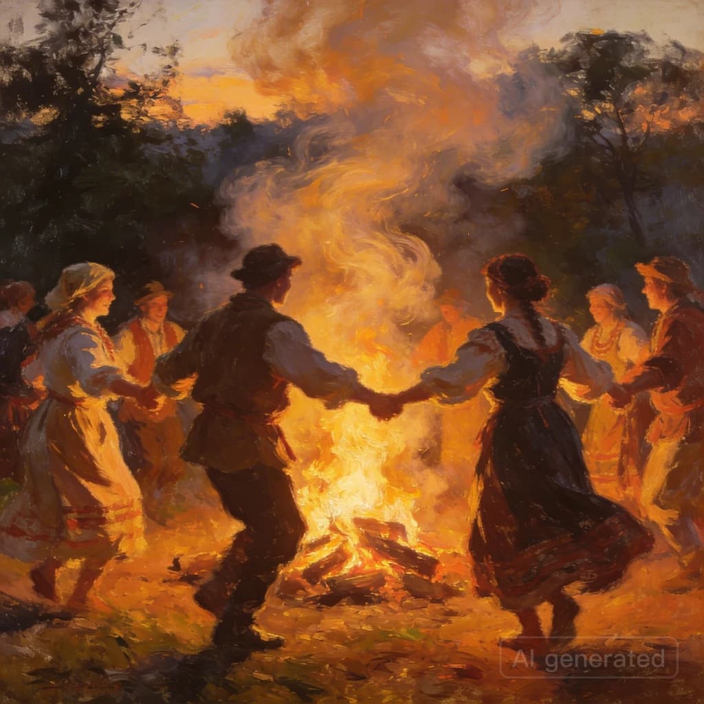 Make an oil painting of villagers dancing by a bonfire at dusk, a bit smoky.
