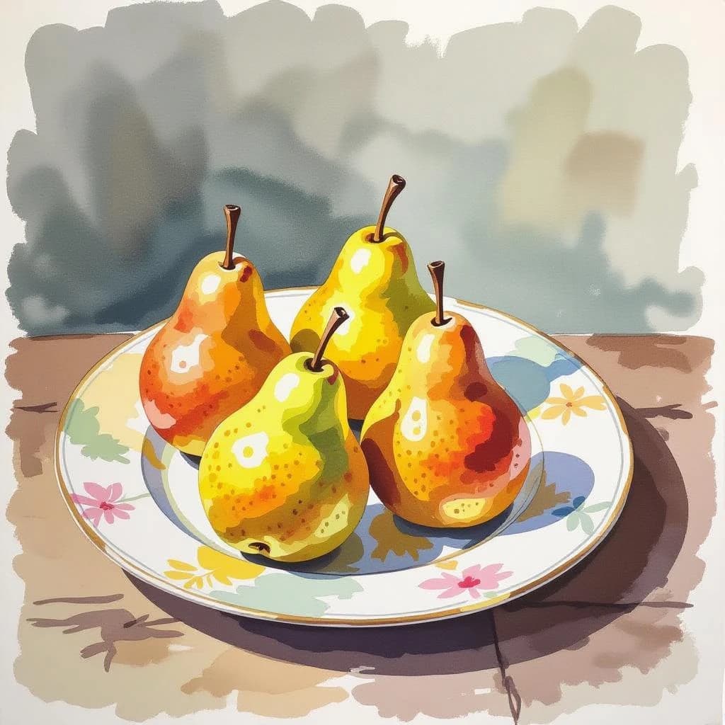 A gouache still life of pears on a chipped plate.
